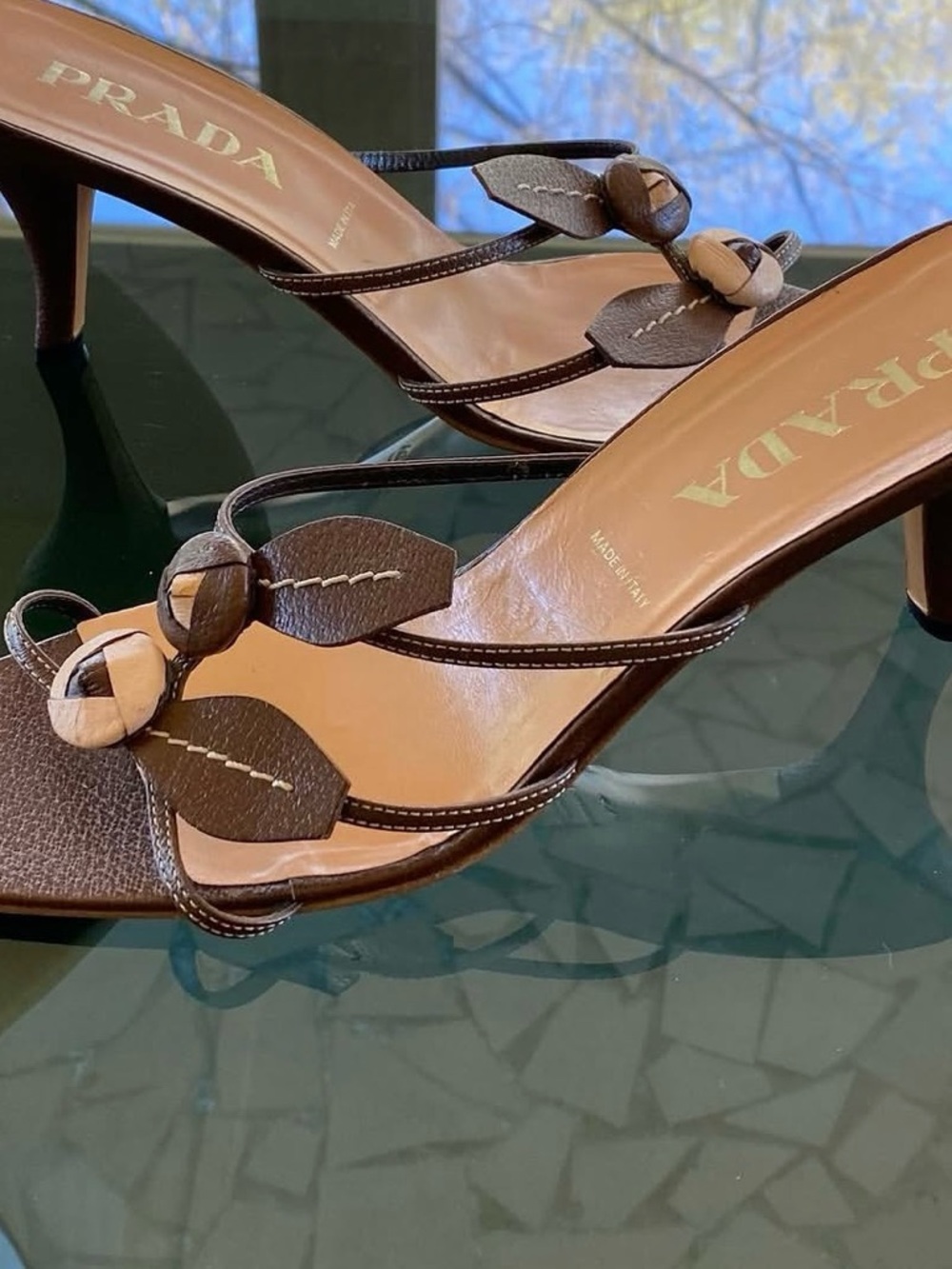 Prada Brown Leather Knot-Detail Heeled Sandals